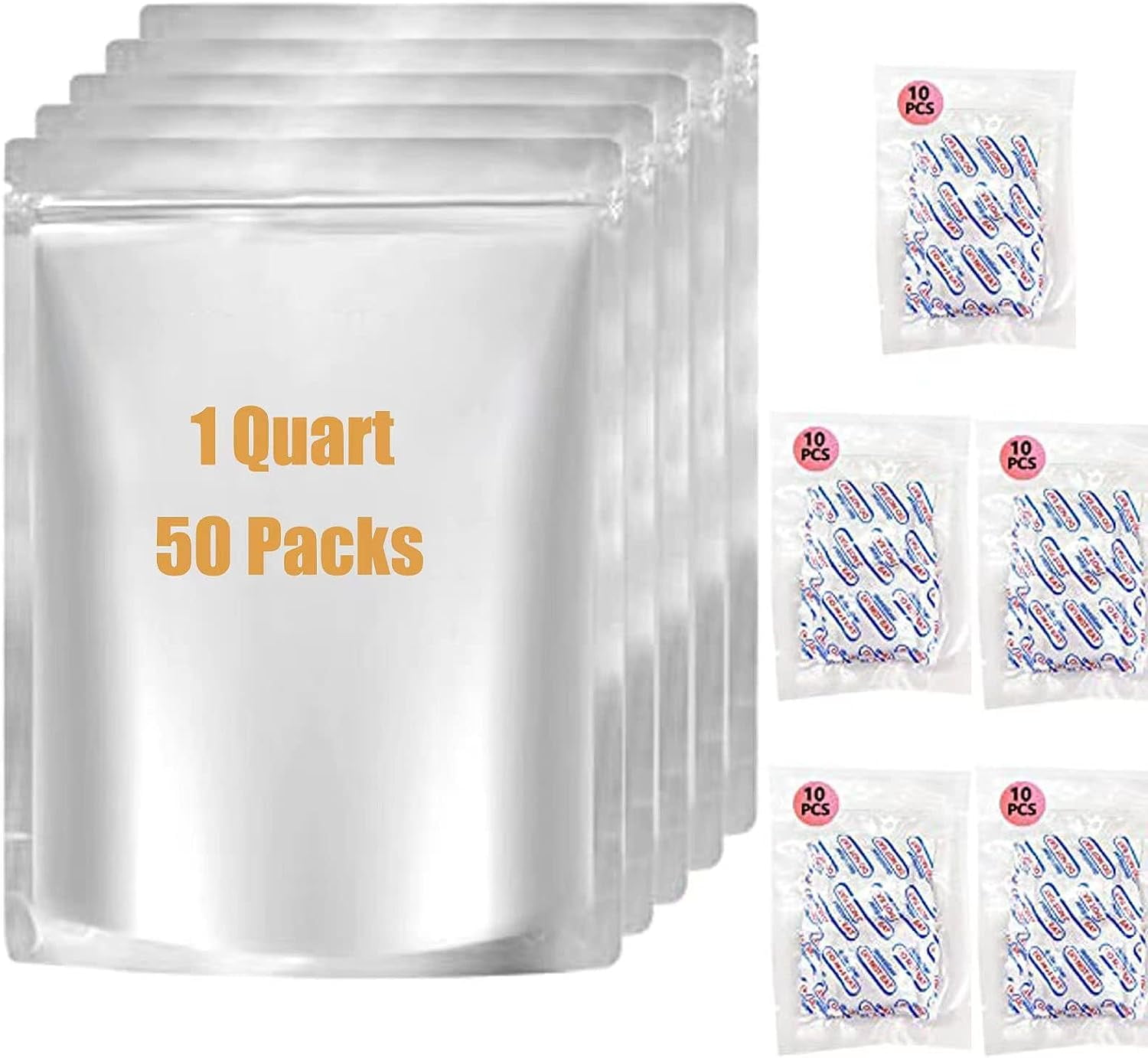 50 pcs 1 Qt Mylar Bags with Oxygen Absorbers 300 cc (10 * 5 packs) Mylar Bags for Food Storage 6 "x 8.5" Zipper Mylar Bags for Long Term Food Storage