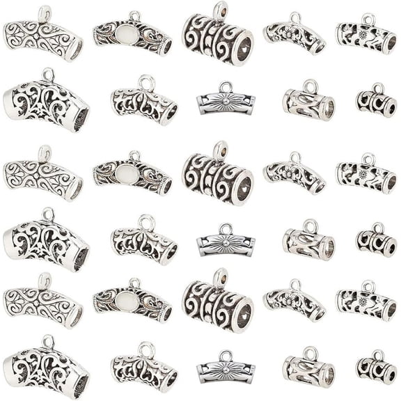 50 pcs 10 Styles Tibetan Style Alloy Hanger Links Curved Noodle Tube Beads Long Hollow Spacers Beads with Loop for Bracelet Necklace DIY Jewelry Making Silver for making