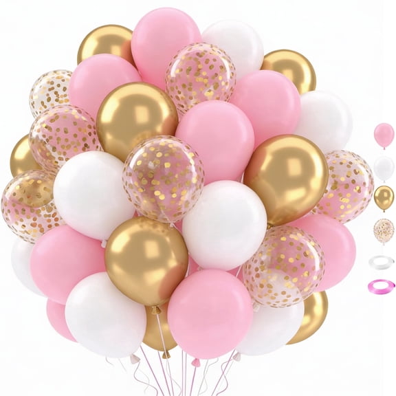 50 pcs 12 inch Metallic Gold Pastel Pink White Balloons, Pink Gold Balloons Set for Birthday Party Decorations