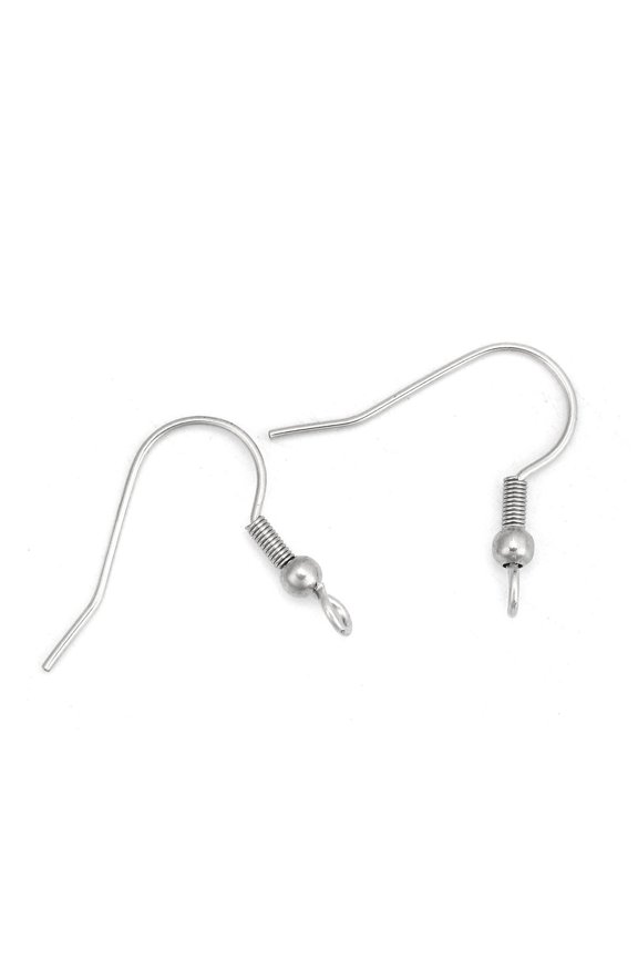 50 pcs 304 Stainless Steel Silver Tone Earring Hooks with Spring and Ball - 22mm x 20mm - Hole Size: 2mm - Perpendicular Loop