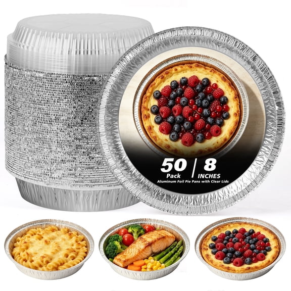 50 Pack Round Aluminum Foil Pans with Plastic Dome LIDS,8“ Heavy Duty Disposable Foil Tray for Baking, Meal Prep and Takeout