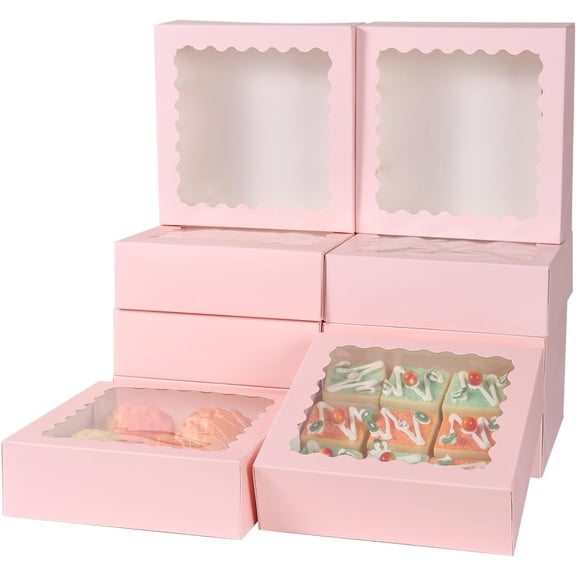 50 pcs 8x8x2.5 Inches Pink Bakery Boxes with Window, Cake Pastry Cookie Mini Pie Box for Pastry,Dessert,Strawberries,Chocolates (Pink)