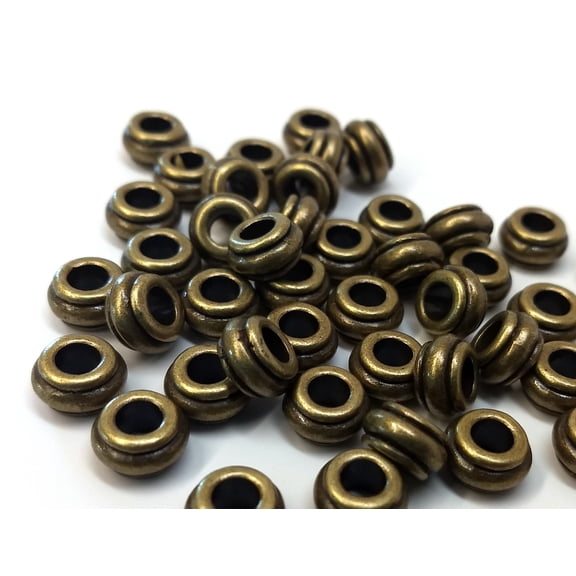 50 pcs Antique Bronze Striped METAL Rondelle Spacer Beads - 10mm - Large Hole: 4.5mm - Fits European Cords and Paracord!