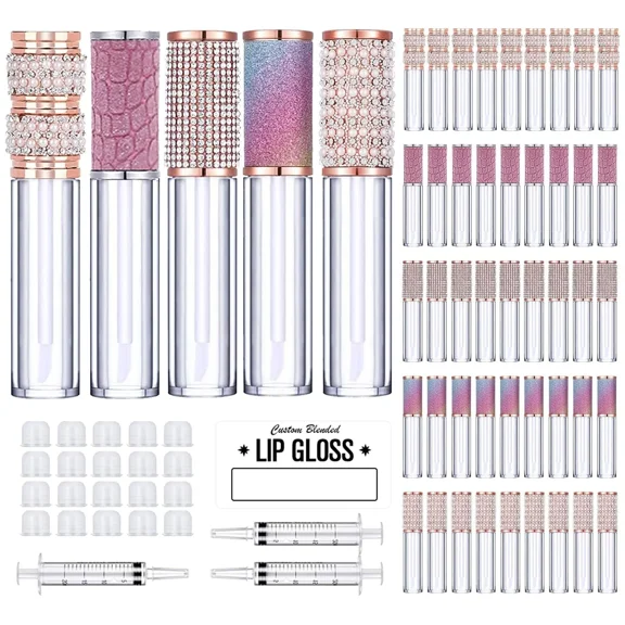 50 pcs Diamond Lip Gloss Tubes with Wand 5ml Empty Rhinestone Lip Gloss Containers Lipgloss Bottles Crystal Lip Gloss Supplies Kit + 3pcs Syringes + Labels for DIY Base