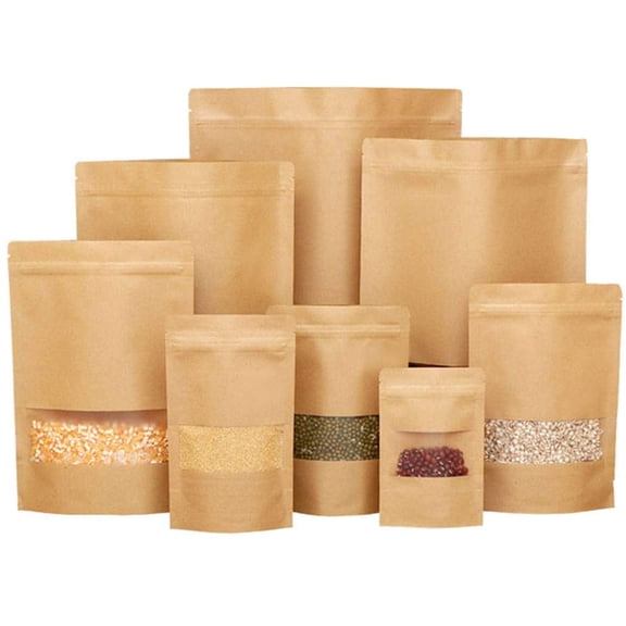 50 pcs Kraft Bags with Window Stand Up Ziplock Seal Paper Bag Resealable Large Food Storage Pouch 1oz 3.55.5in