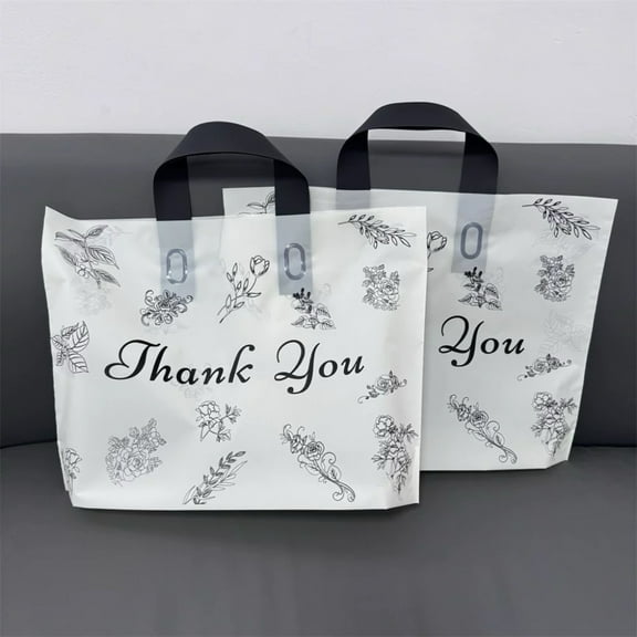 50 pcs plastic gift bags with black & white floral prints, 'thank you' text & black handles - elegant & durable