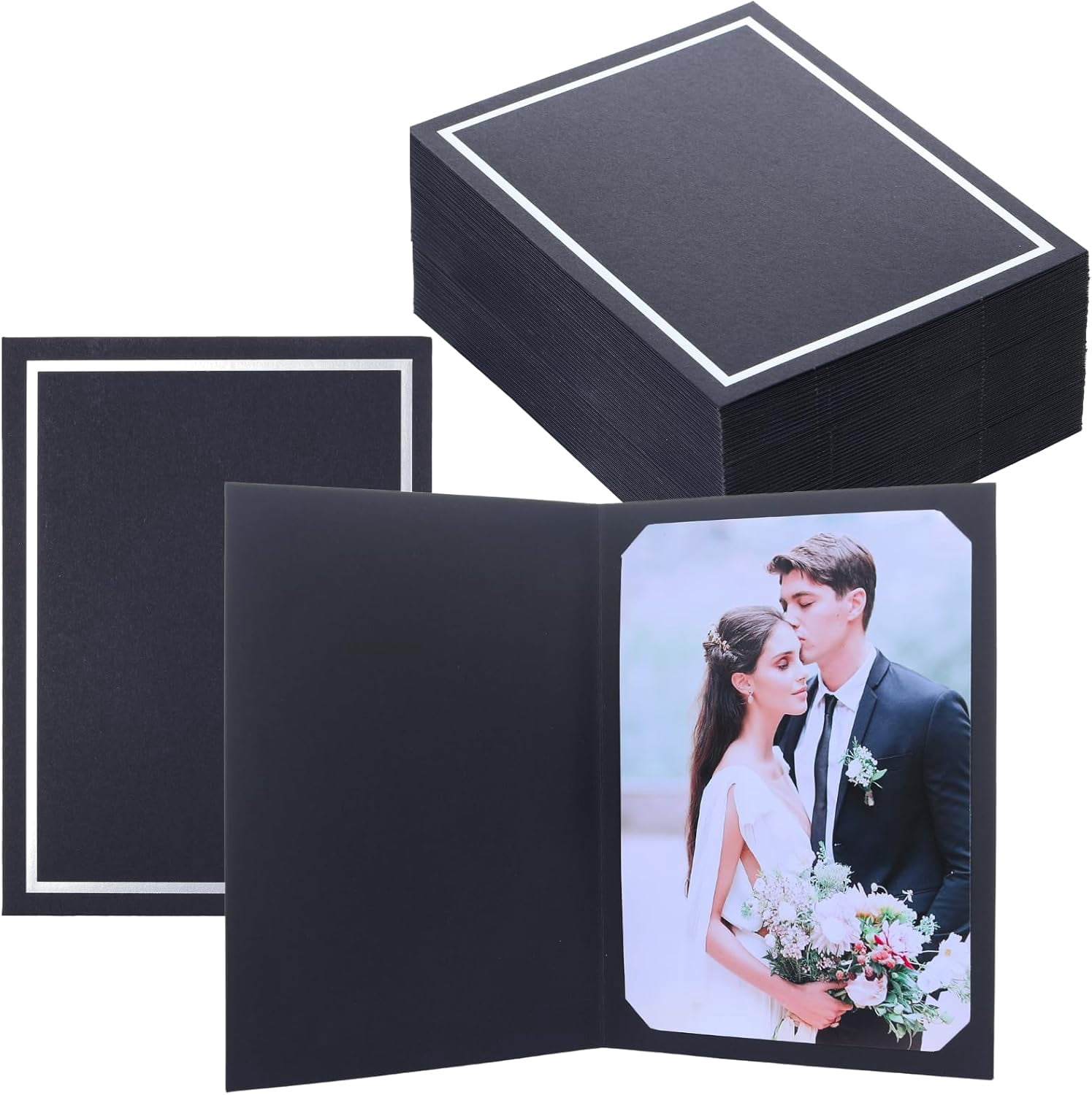 50 photo album for 46 or 57 photos, paper photo frame, cardboard greeting card frame, suitable for Mother's Day, Christmas, New Year, weddings, birthdays, classroom (Black with silver foil)