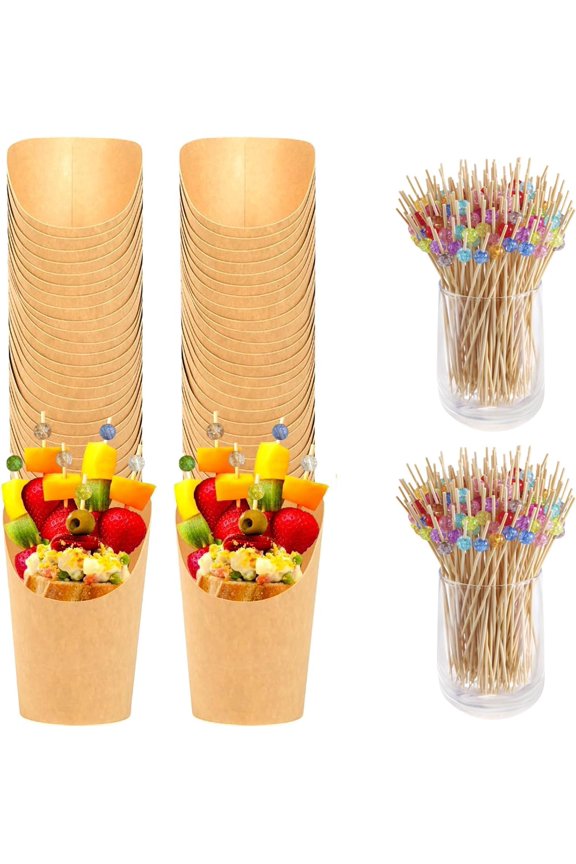 50-piece disposable deli cups with 200 sticks - 14-ounce paper French fries tray, wide opening snack box for takeout and party trays
