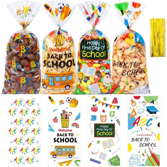 50 pieces of back-to-school candy packaging bags - 511-inch transparent candy packaging bags with 60 golden ties, suitable for cookies, candies, classroom gifts, teacher rewards, and school reopening
