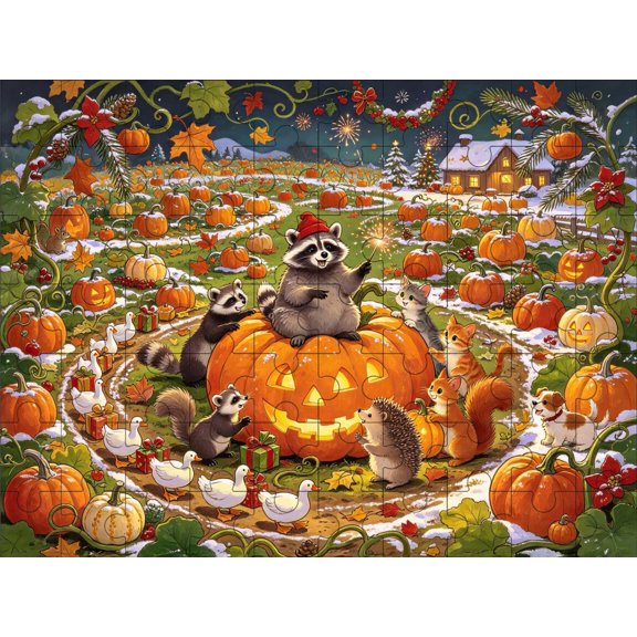 50 pieces puzzles for adults Pumpkin Patch Raccoon wall decor fun Gift for Women Mom Wife Girlfriend Family Birthday Christmas Relaxing Vintage Boho Bedroom Living Room Unique Wall Decor