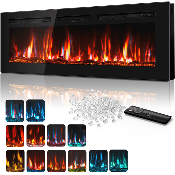 UrbanSync 50 inch Electric Fireplace in-Wall Recessed and Wall Mounted, 1500/750W Fireplace Heater (60-99°F) with 12 Adjustable Color, Remote Control, Timer, Log and Crystal