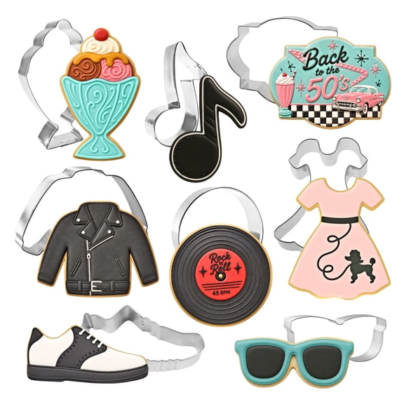 50's Diner Drive In 8 Piece Cookie Cutter Set - Record, Music Note, Leather Jacket, Ice Cream Sundae Cookie Cutters - The Cookie Cutter Shop - Tin Plate Steel