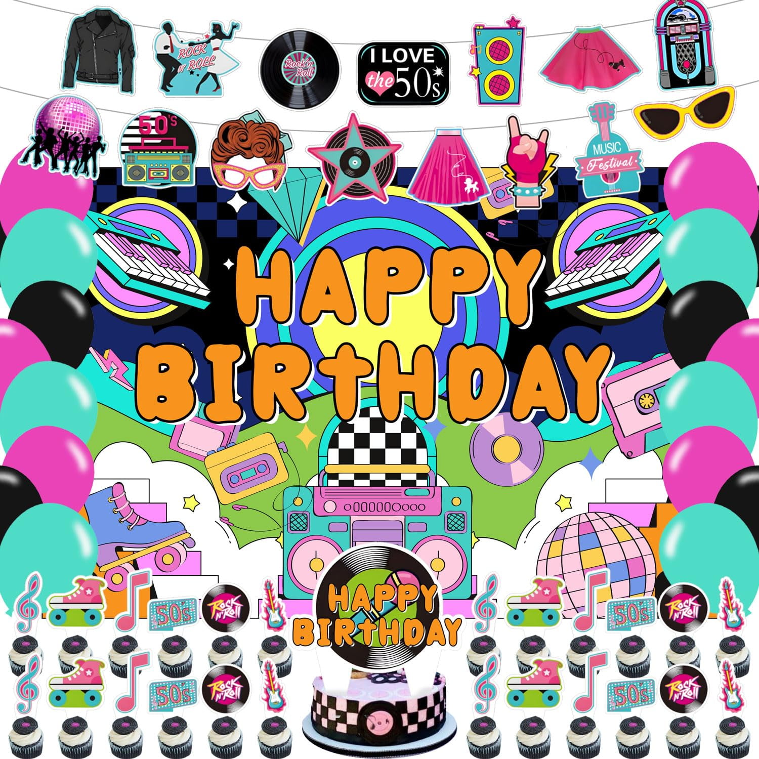 143-Piece 1950s Party Supplies Kit – Rock 'n Roll Tableware Set With Plates, Napkins, Tablecloth, Banner
