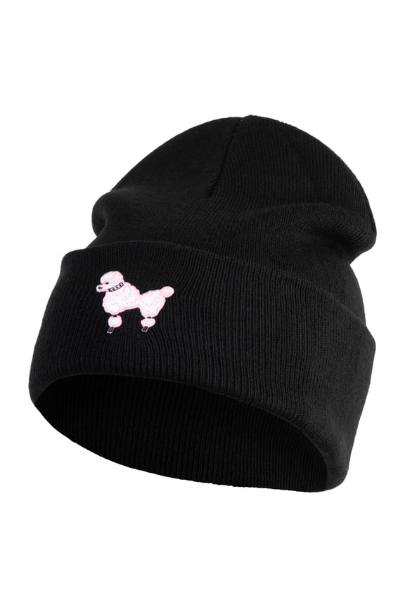 50's Pink Poodle Iron on Patched 12 Inch Long Knitted Beanie - Black OSFM