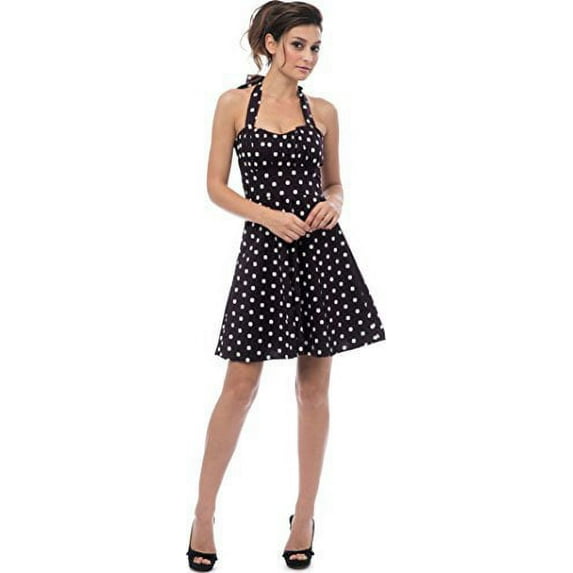 50's Retro Rockabilly Polka Dot Halter Dress, S, Black-Big-Dot