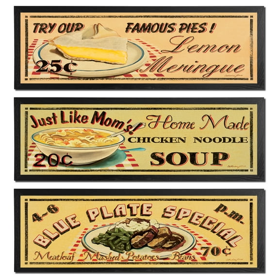 50's Style Diner Signs; Blue Plate Special, Just Like Mom, & Famous Pies, Three 20x8in Black Framed Prints