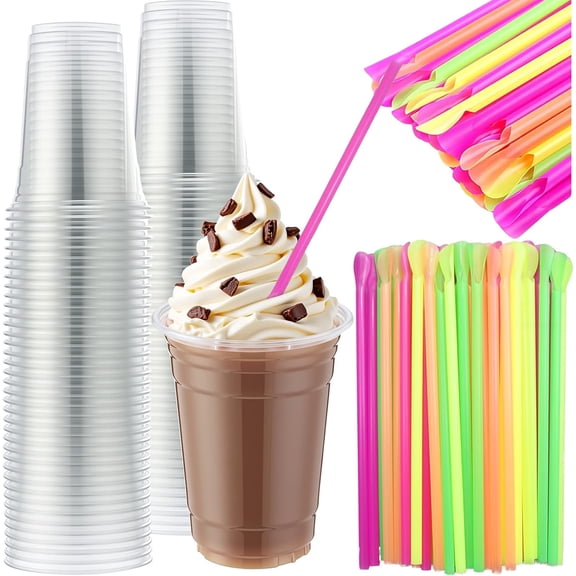 50-set 16-ounce plastic root beer float cups, Puff cups, 7.9-inch integrated colored plastic long straws and spoons, tableware party supplies, ice cream cold drinks, iced coffee
