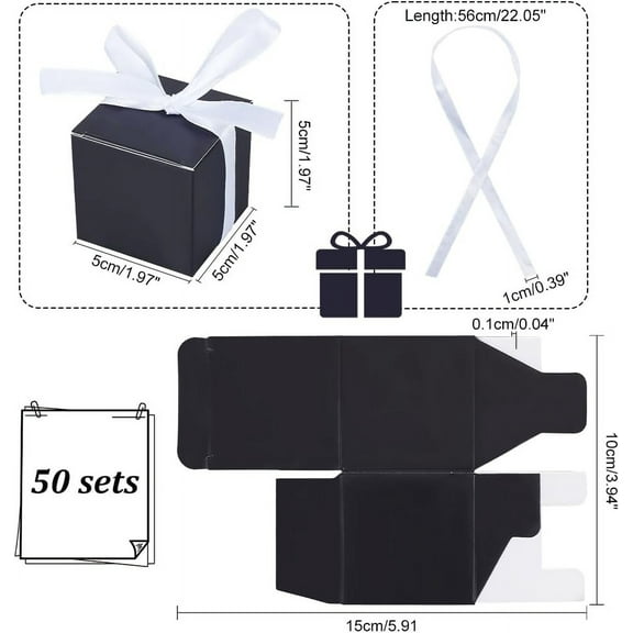 50 set Square Fold Paper Candy boxes with Ribbon for Wedding Bakery Baby Shower Gift Packaging Black Finished Product: 5x5x5cm