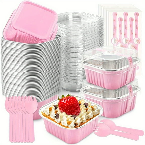 50 sets 5oz Cake Pans with Lids Set, Disposable Aluminum Foil Baking Cups - 3.5''x3.5'' Mini Cupcake Pans for Weddings, Birthday, Party