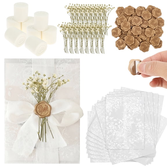 50 sets Wedding Invitation Accessories Kit Pre Folded Paper Envelopes for 5 x 7 Invitations with Wax Seal Stickers Ribbon and Dry Flowers Elegant for DIY Bridal Invites