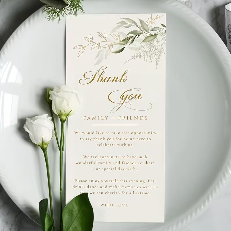 50 simple wedding thank you cards, green plant table cards, wedding table decorations, napkin thank you cards