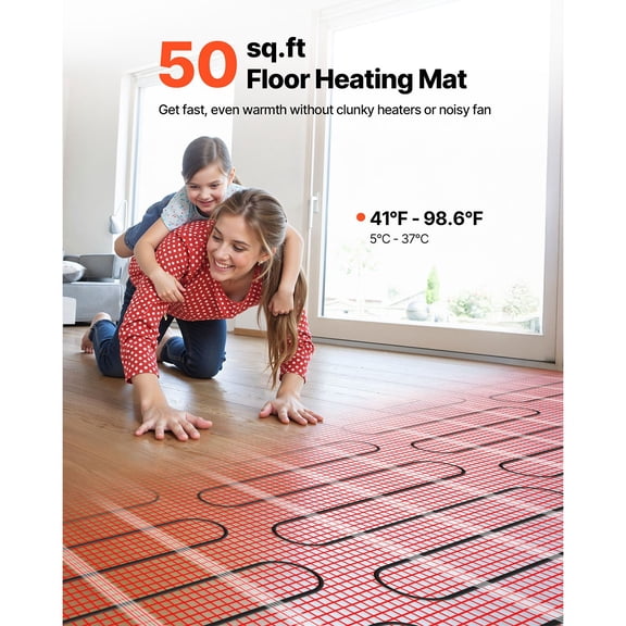 50 sqft Self-Adhesive Mesh Floor Heating Mat System, 120V Electric Radiant Heated Floor System, with Smart Control Thermostat & Alarm, Easy Installation for Tile, Stone, Vinyl