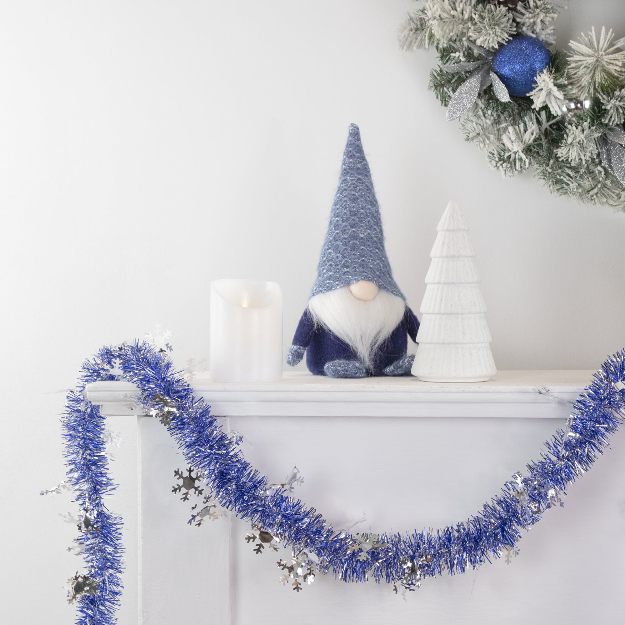 50' x 2" Blue and Silver Christmas Tinsel Garland with Snowflakes