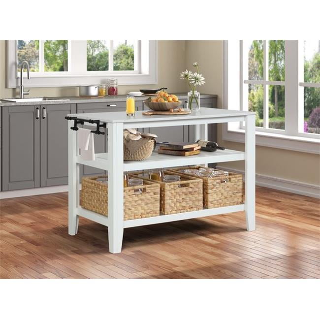 White Wood Kitchen Island with Marble Top and Baskets