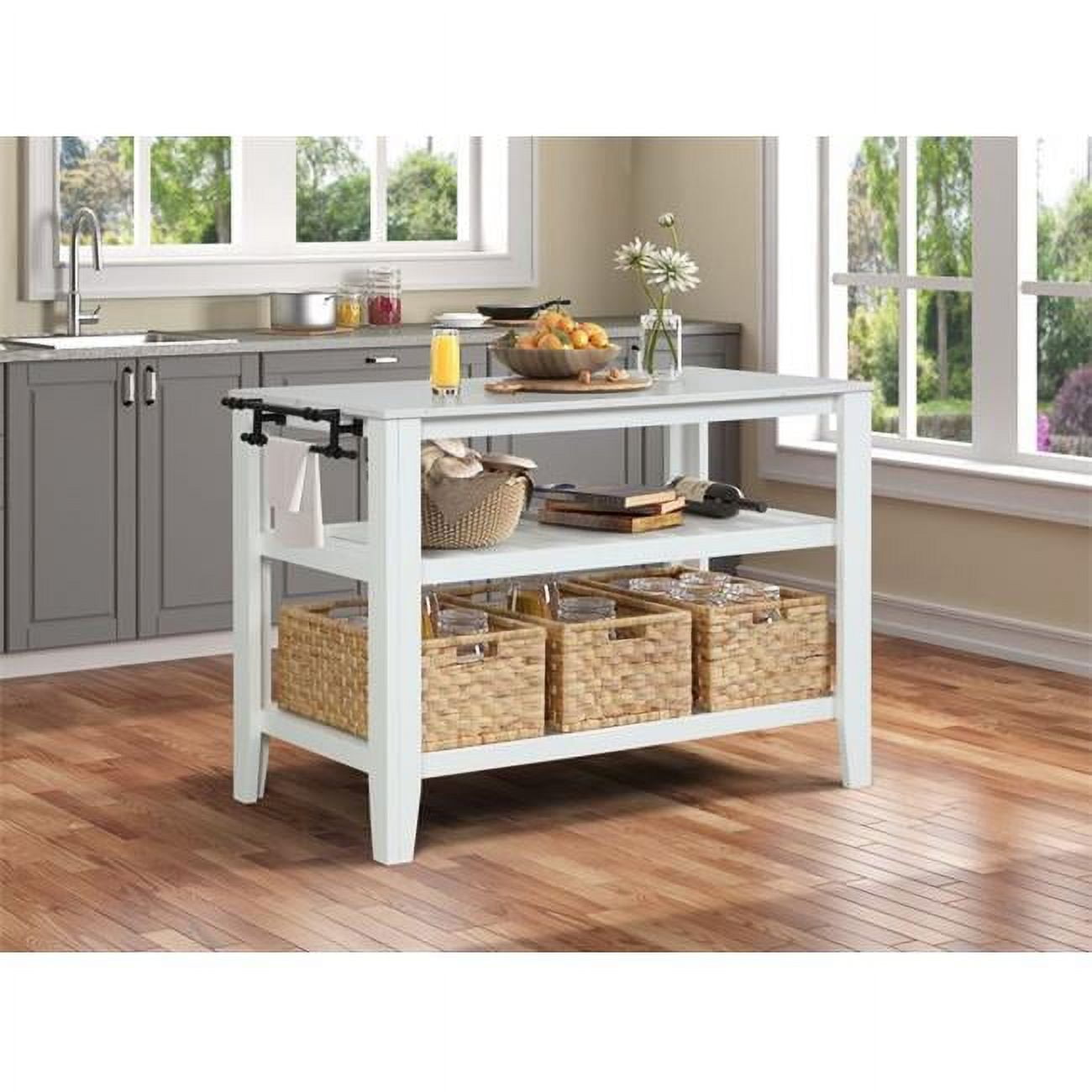 White Wood Kitchen Island with Marble Top and Baskets