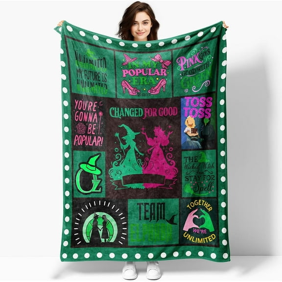50'' x 40'' Witch Green Vintage Flannel Blanket, Evil Gift Queen Throw Broom, Elphaba Hat Glinda Magic Movie Land Blanket, All Seasons Warm Cozy Soft Blanket for Sofa Bed Halloween Women Girls Fans
