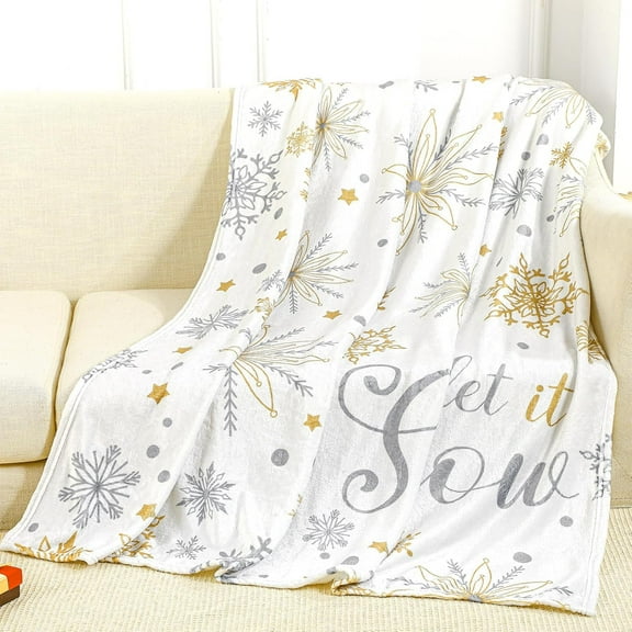50'''' x 60'''' Christmas Throw Blanket Let It Snow Blanket Plush Warm Snowflake Blanket Gold Silver Christmas Winter Decor for Sofa Couch Bed