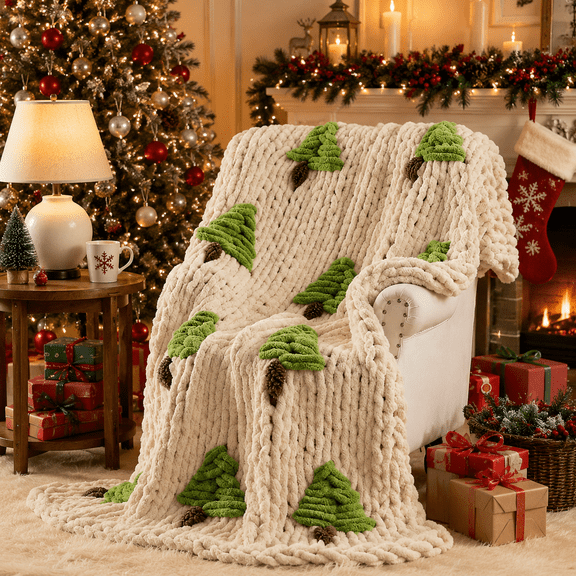 50" x 60" Christmas Tree Chunky Knit Throw Blanket | Large Handmade Chenille Loop Yarn Fluffy, Soft Knitted Throw, Big Cozy Thick Cable Knit Crochet Blanket for Couch Sofa Bed X'mas Decor