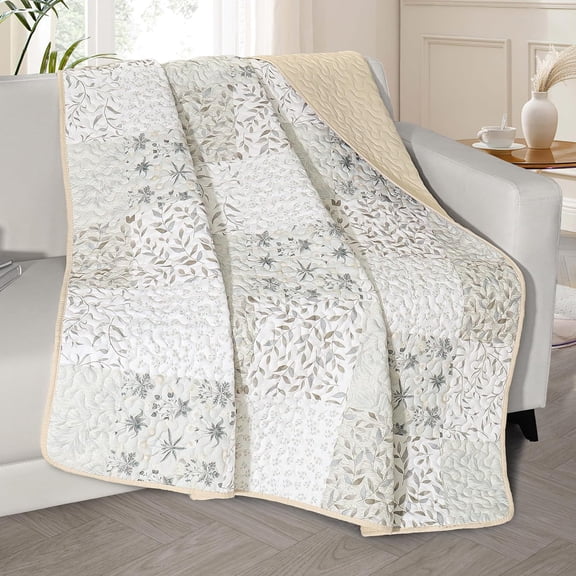 50"x 60" Grey Quilted Throw Blanket | Quilt Throw with Boho Patchwork Pattern, Reversible Summer Versatile Lap Quilt, Lightweight Throws for Bed/Couch/Sofa