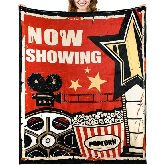 50'' x 60'' Movie Throw Blanket Christmas Movie Supplies Decoration Plush Warm Cinema Film Popcorn Print Throw Blanket for Winter Christmas Home Decor for Sofa Couch Bed