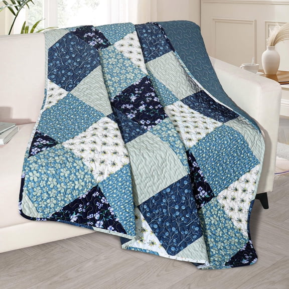 Bohemian Patchwork Blue Microfiber Quilted Throw Blanket 50"x60" for bed, couch, sofa and all seasons