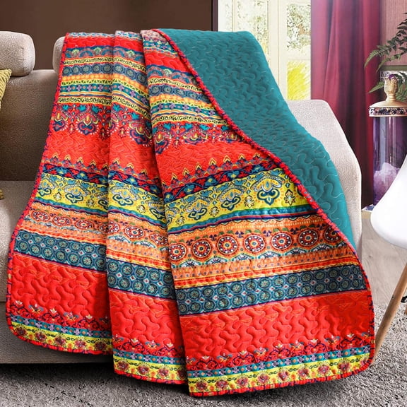 50"x 60" Quilted Throw Blanket- Microfiber Quilt With Boho Striped Pattern Reversible Red And Blue Versatile Lap For All Seasons Lightweight Throws Bed/couch/sofa
