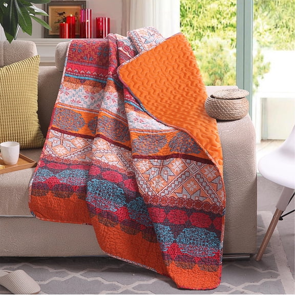 Quilted Throw Blanket 50"x60" Bohemian Red and Orange Microfiber All-Season Lap Throw for Bed Couch Sofa