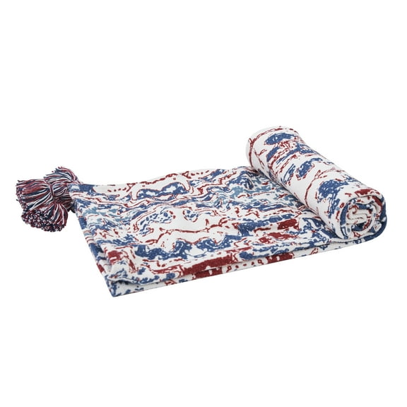 Taarush Red & Blue Grunge Pattern w/ Tassels Cotton Soft Cozy Accent Accent Throw Blanket