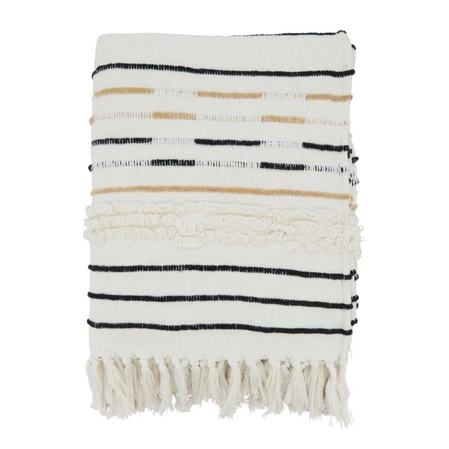 Ivory Cotton Corded Fringe Throw Blanket with Stripes