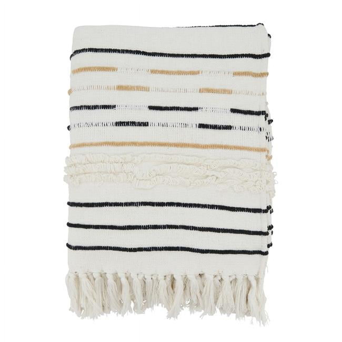Ivory Cotton Corded Fringe Throw Blanket with Stripes