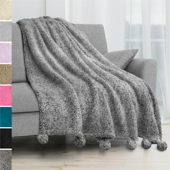 50 x 60 in Pom Pom Throw Blanket Pom Fringe Tassel Soft Microfiber Fleece for Sofa Couch