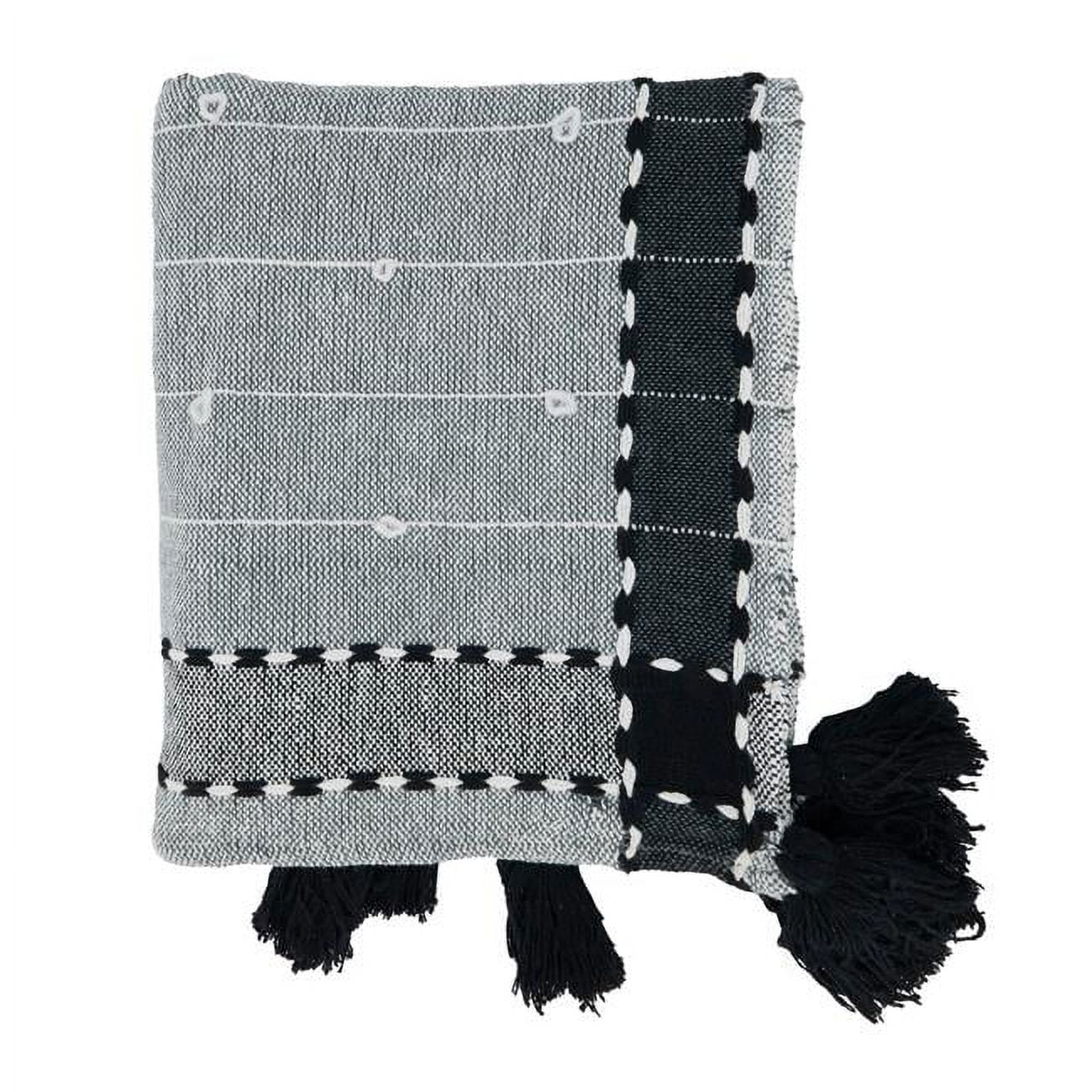 Black and White Cotton Acrylic Banded Border Tassel Throw Blanket