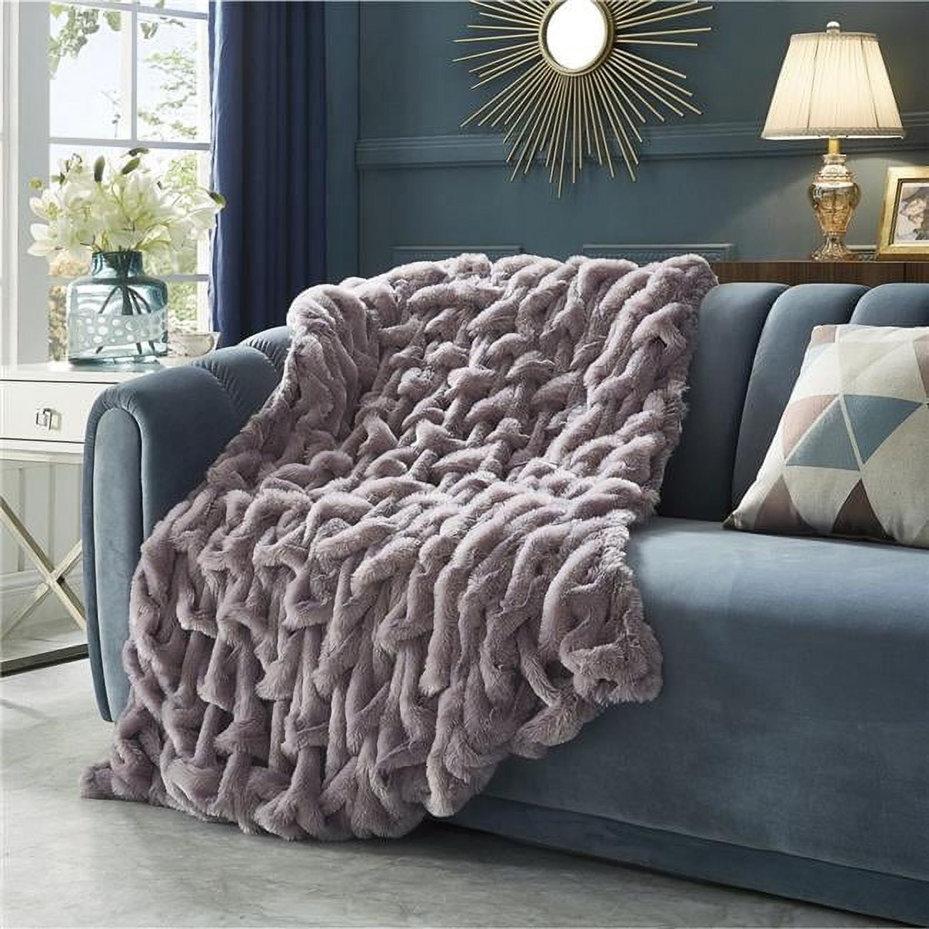 50x60 Ruched Faux Fur Throw Blanket Gray - Madison Park