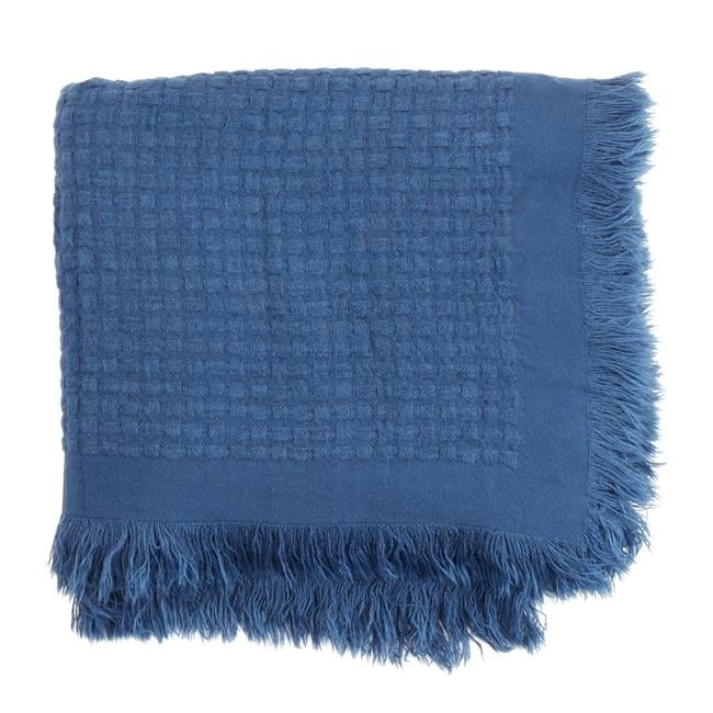 Navy Blue Cotton Waffle Weave Throw Blanket with Fringe