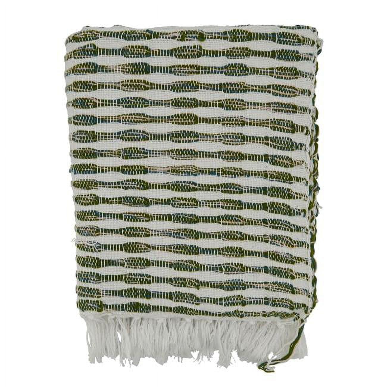 Green and White Woven Cotton Acrylic Throw Blanket
