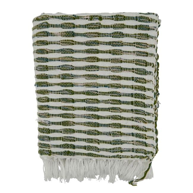 Green and White Woven Cotton Acrylic Throw Blanket