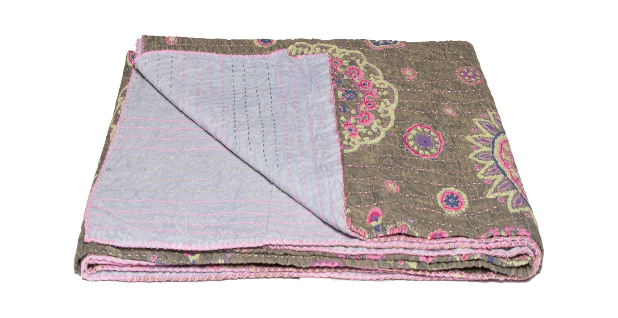50" x 70" Hues Of Dark Green, Pink And Blue Kantha Cotton Throw