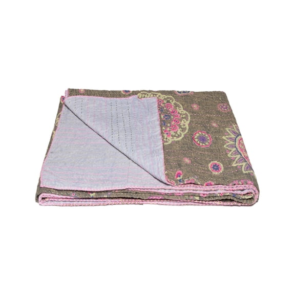 50" x 70" Hues Of Dark Green, Pink And Blue Kantha Cotton Throw