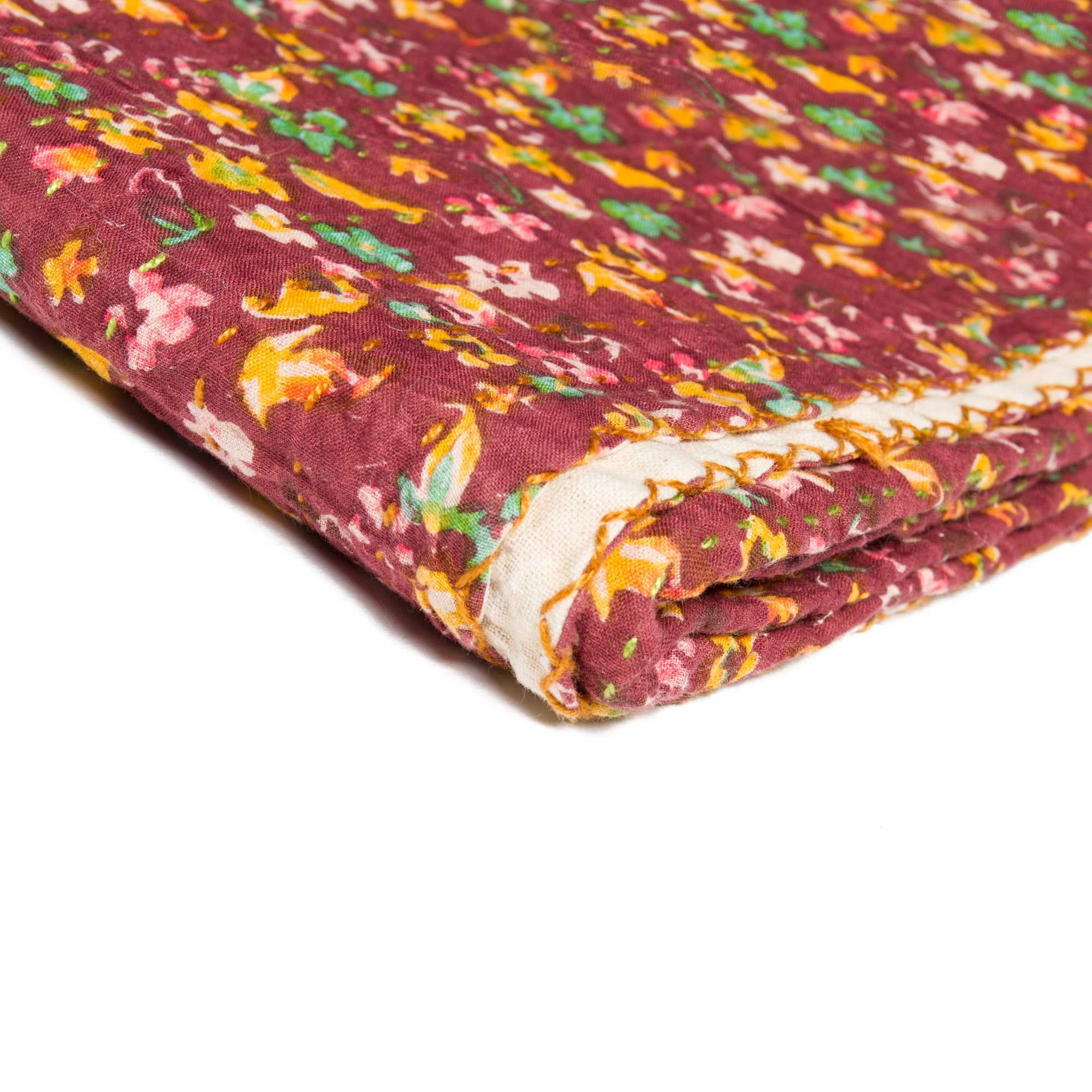 Maroon Yellow and Green Kantha Cotton Floral Throw Blanket with Embroidery