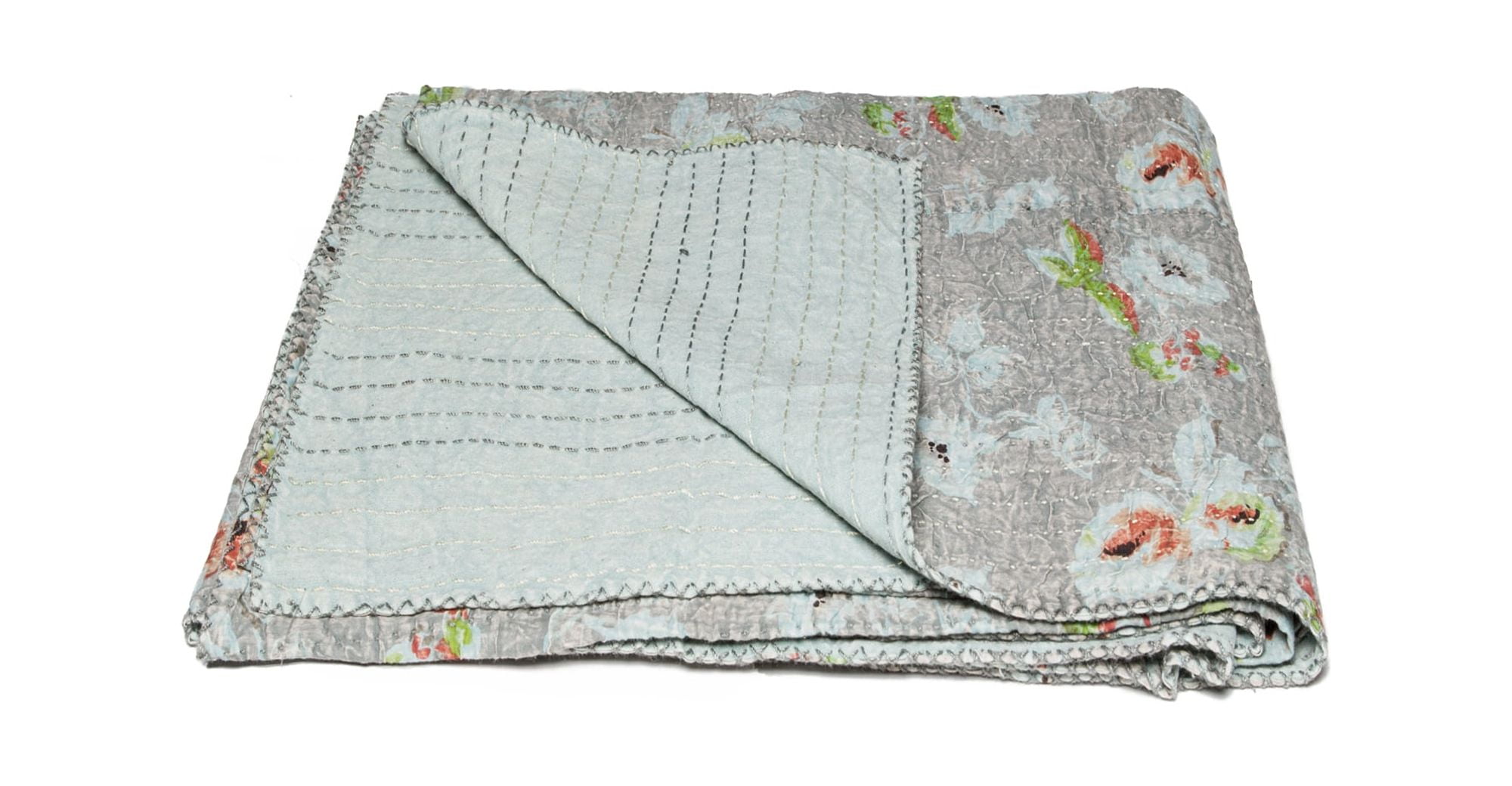 50" x 70" Pink and Ivory Kantha Cotton Floral Embroidered Throw Blanket